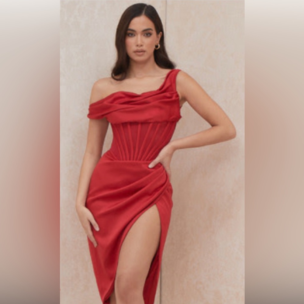 House of CB LULU Red Asymmetric Drape Midi Corset Dress